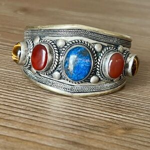 Boho Tribal Statement Cuff Bracelet | Lapis, Carnelian & Tiger’s Eye